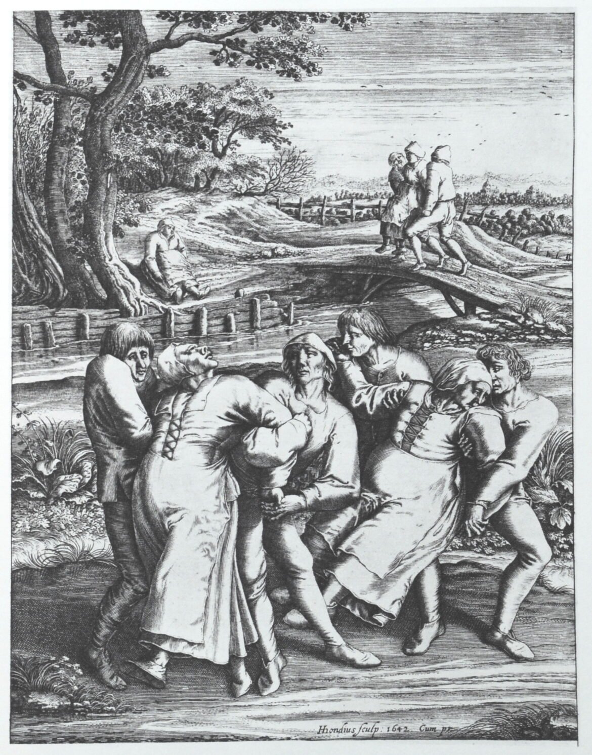 Gravure de Hendrik Hondius l'Ancien montrant trois femmes affectées par la peste dansante d'après dessin de Pieter Brueghel l Ancien